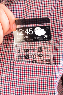 smartphone with a transparent screen in a shirt pocket.