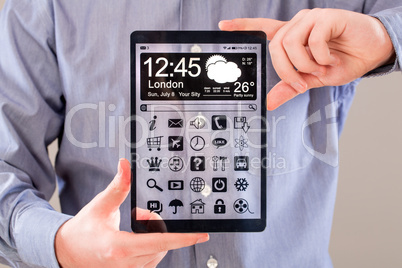 tablet with transparent screen in human hands.