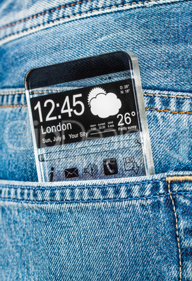 smartphone with a transparent screen in a pocket of jeans.