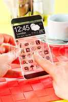smartphone with transparent screen in human hands.