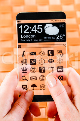 smartphone with transparent screen in human hands.