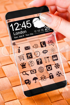 smartphone with transparent screen in human hands.