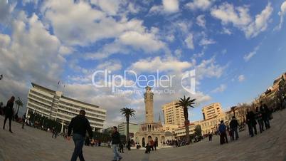 time lapse clock tower, beautiful clouds and crowded pedestrian at city square