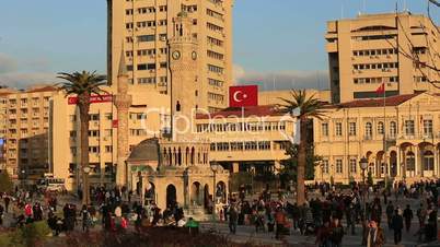 time lapse clock tower, beautiful clouds and crowded pedestrian at city square