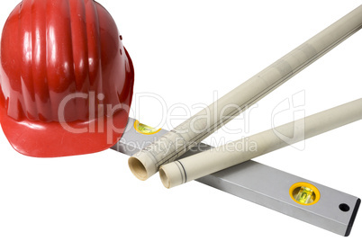 red helmet and construction plans