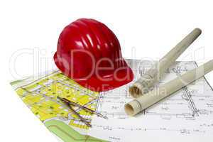 construction plans and helmet