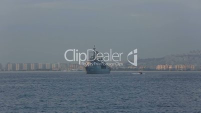 frigate war ship anchored on the bay