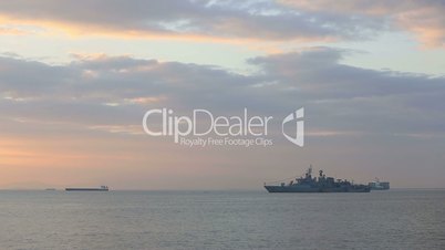 frigate war ship anchored on the bay