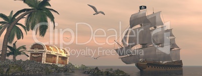 pirate ship finding treasure - 3d render