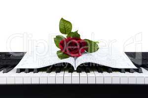 piano keys and rose flower on note book