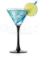 Blue cocktail with lime and ice