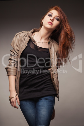 girl in a leather jacket represents model