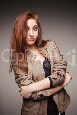 girl in a leather jacket represents model