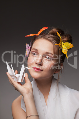 portrait young girl with the japanese crane