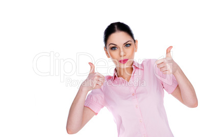 enthusiastic young woman giving a thumbs up