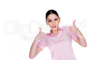 enthusiastic young woman giving a thumbs up