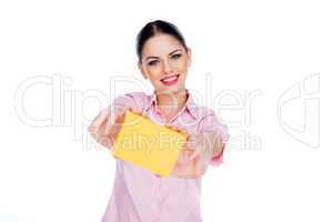 attractive woman displaying a blank card
