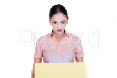 woman looking down with a look of astonishment