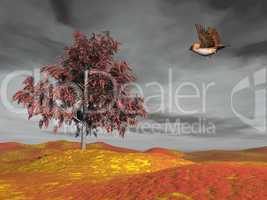 bird flying to autumn tree - 3d render