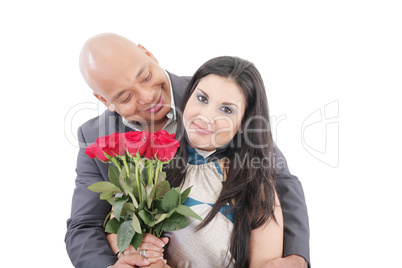 american young couple with bunch of roses