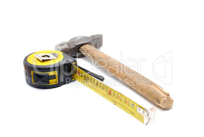 work tool series: old tape measure and hammer