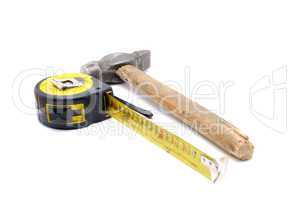work tool series: old tape measure and hammer