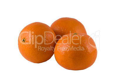 three ripe oranges on a white background