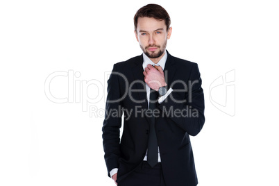 handsome businessman adjusting his tie