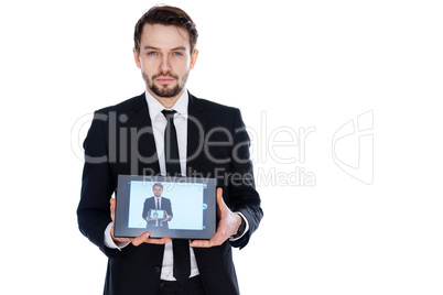 man displaying a handheld tablet computer