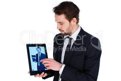 man displaying a handheld tablet computer