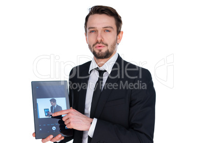 man displaying a handheld tablet computer