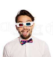 serious young man wearing 3d glasses