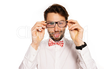 goofy businessman sticking out his tongue