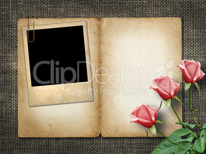 card for invitation or congratulation with pink rose and old pho