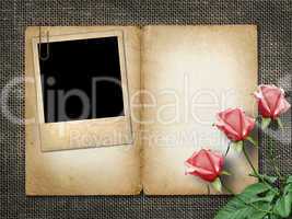 card for invitation or congratulation with pink rose and old pho