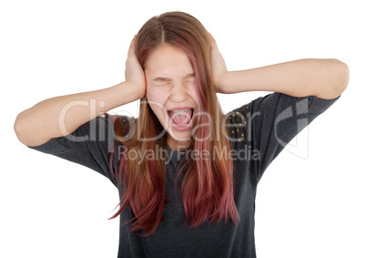 girl closing her ears and screaming