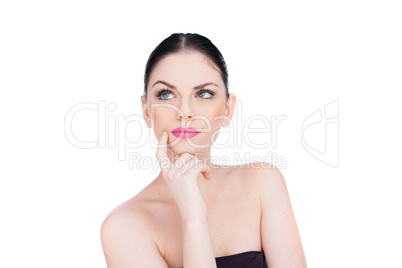 pensive woman standing thinking