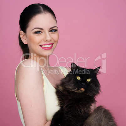 beautiful woman with her black cat