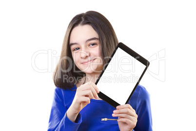 happy teen girls with digital tablet