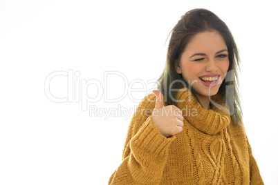 enthusiastic woman winking and giving a thumbs up