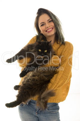 beautiful woman carrying her cat