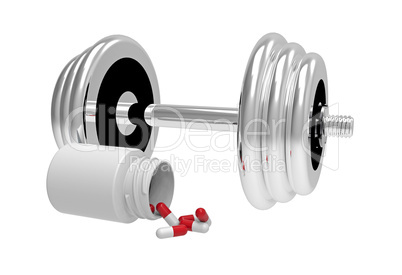 dumbbells with vial of pills