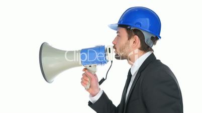 Businessman speaking into a megaphone