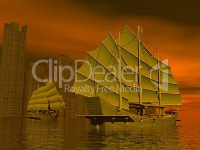 chinese junk ships - 3d render