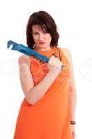 woman with blue wrench