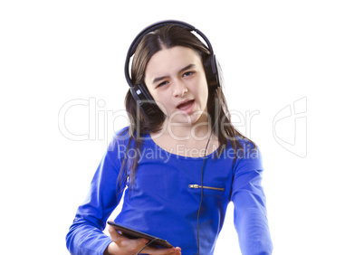 smiling girl listening to music on digital tablet pc