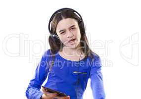 smiling girl listening to music on digital tablet pc