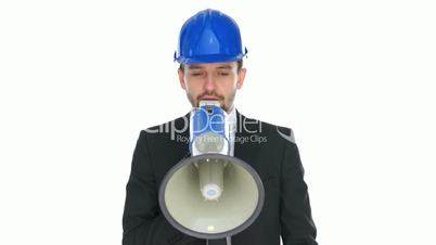 Engineer in a hardhat giving a public speech