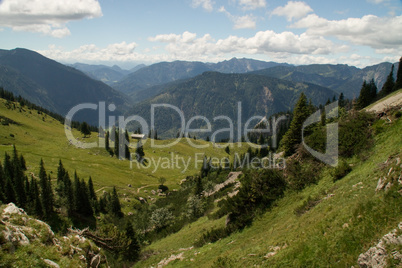 Alpenwiese, grün, saftig, blau, himmel, oberbayern, postkartenmotiv, alpen, tal, herbst, sommer, wiesen, weide, felder, almwiese, berge, bayern, alpental, natur, überblick, panorama, hochgebirge, alpinismus, wald, wälder, wiese, almen, almenwiese, bergwan