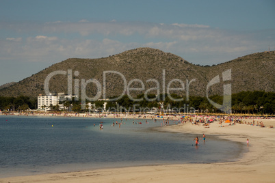 Strand, Bucht, Alcudia, Mallorca, Berge, Ufer, Touristen, Hotel, Sommer, himmel, blau, Meer, Kinder, spielen